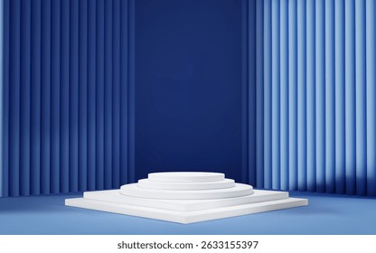 3d blue room background with white podium and column. Product display with platform. Abstract geometric light scene.