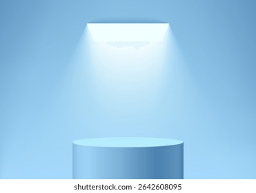 3D blue round podium background with glowing ceiling lighting. Abstract geometric composition in minimalist design. Studio display showroom product pedestal, Fashion stage showcase, Mockup wall scene.