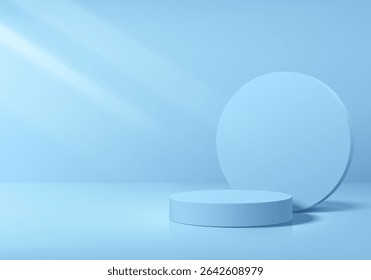 3D blue round podium background with circle backdrop. Abstract geometric composition in minimalist design. Studio display showroom product pedestal, Fashion stage for showcases mockup wall scene.