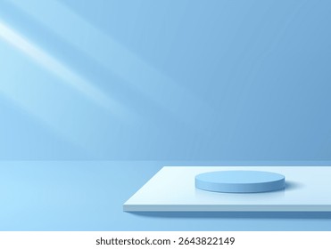 3D blue round podium background on white cube pedestal on floor. Abstract geometric composition in minimalist design. Studio display showroom product pedestal, Fashion stage showcase mockup wall scene