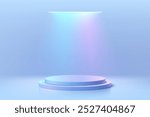 3D blue round podium with ceiling neon lighting background. Abstract geometric composition in minimalist design. Studio display showroom stand product pedestal, Fashion stage showcase mockup scene.