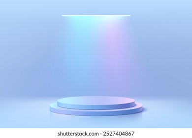 3D blue round podium with ceiling neon lighting background. Abstract geometric composition in minimalist design. Studio display showroom stand product pedestal, Fashion stage showcase mockup scene.