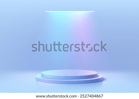3D blue round podium with ceiling neon lighting background. Abstract geometric composition in minimalist design. Studio display showroom stand product pedestal, Fashion stage showcase mockup scene.