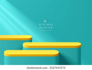 3D blue round podium set with window lighting wall background. Abstract geometric composition in minimalist design. Studio display showroom stand product pedestal, Fashion stage showcase mockup scene.