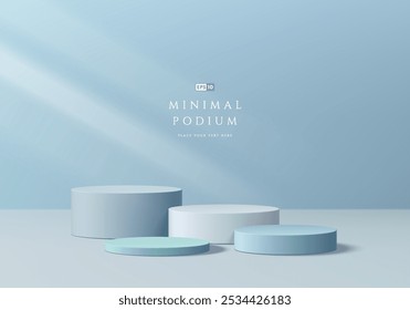 3D blue round podium set background in empty pastel clean room. Abstract geometric composition minimalist design. Studio display showroom stands product pedestal, Fashion stage showcase mockup scene.