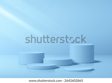 3D blue round podium set background with light and shadow. Abstract geometric composition in minimalist design. 3D studio display showroom product pedestal, Fashion stage showcase mockup scene.