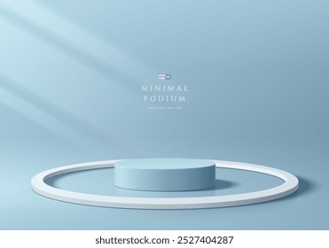 3D blue round product podium background with circle frame on floor. Abstract composition minimalist design. Studio display showroom cosmetic stand product pedestal, Fashion stage showcase mockup scene