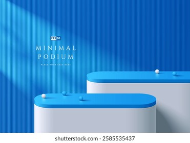 3D blue round product podium background with natural light on wall. Abstract composition in minimalist design. Studio display showroom cosmetic product pedestal, Fashion stage showcase mockup scene.