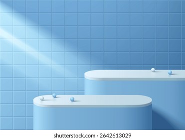 3D blue round product podium background with square wall tile scene. Abstract composition in minimalist design. Studio display showroom cosmetic product pedestal, Fashion stage showcases mockup scene.