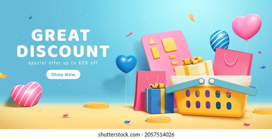 3D blue sale poster. Illustration of a plastic shopping basket laden with shopping bag and gift box placed in front of blue background of rising heart shape balloons