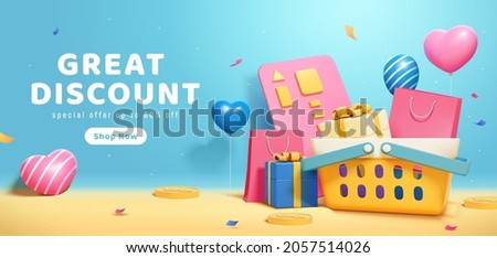 3D blue sale poster. Illustration of a plastic shopping basket laden with shopping bag and gift box placed in front of blue background of rising heart shape balloons