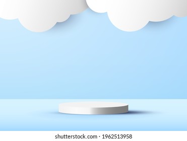 3D blue scene background with white cylinder podium and cloud paper cut style. You can use for display show cosmetic product, showcase, shop front. Vector illustration