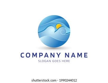 3D blue sea waves gradient vector logo template. Ocean wavy vector illustration