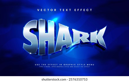 3d Blue shark editable vector text effect, with creature under water theme
