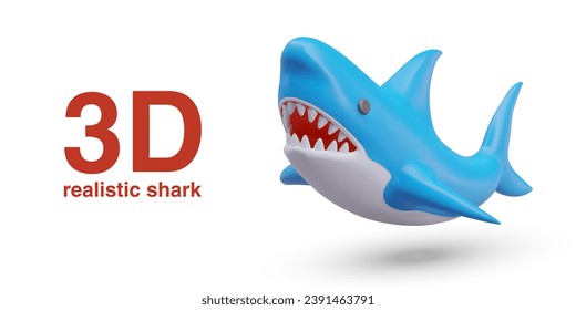 3D blue shark with gaping mouth full of teeth. Marine, oceanic predator. Dangerous creature. Giant fish isolated vector illustration. Color vector design