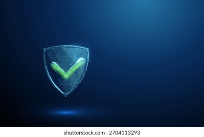 Escudo azul 3D con una marca de verificación verde. Protección de seguridad, Aprobación de seguridad, Estado verificado, acceso de confianza, concepto de confirmación certificada. Estilo digital de baja tecnología de estructura de alambre de polietileno. Vector.