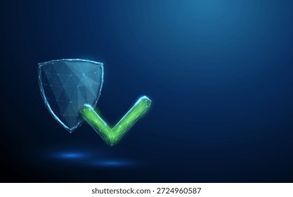 3D blauer Schild mit grünem Häkchen. Sicherheitsschutz, Sicherheitsgenehmigung, überprüfter Status, vertrauenswürdiger Zugriff, zertifiziertes Bestätigungskonzept. Digitaler Stil mit Low-Poly-Drahtgitter-Technologie. Vektor.