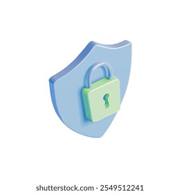3D blue shield with a green door lock. Symbol of protection and security. Cyber security and privacy. Icon. Vector illustration.