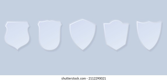 3D Blue Shield Neumorphic Icons Collection. Protect, Security, Defense, Family Crest, Heraldry Protect Shield Set. Set Of Different Shields. Vector Illustration