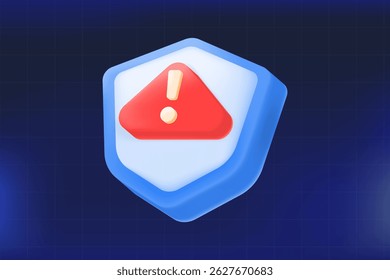 3d blue shield and red warning exclamation mark. error notification, system alert. vector illustration