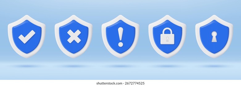 3D blauer Schild mit Schild-Symbol. Sicherheit, Ausruf, genehmigt, Häkchen, Häkchen, Kreuz, Vorhängeschloss. Akzeptierte und nicht akzeptierte Sicherheit. Minimalistisches Zeichentricksymbol. Trendy und moderne Vektorgrafik im 3D-Stil.