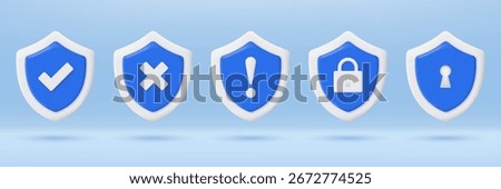 3D blue shield with sign icon. Security, exclamation, approved, check mark, tick, cross, padlock. Accepted and unaccepted security. Minimalist cartoon icon. Trendy and modern vector in 3d style.