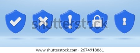 3D blue shield with sign icon. Security, exclamation, approved, check mark, tick, cross, padlock. Accepted and unaccepted security. Minimalist cartoon icon. Trendy and modern vector in 3d style.