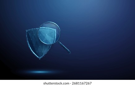 Escudo azul 3D bajo una lupa. Seguridad, protección, seguridad, defensa, evaluación de riesgos, control de calidad, concepto de ciberseguridad. Estilo futurista digital de baja poli, estructura de alambre. Vector.