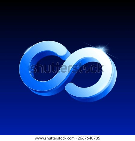 3D blue shiny infinity symbol with glowing highlight on dark gradient background, representing limitless possibilities, modern innovation. 3d infinity loop icon in vector illustration