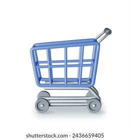 Carrito de compras azul 3D aislado en blanco. Icono de carro de compras realista. Vista frontal de la cesta del supermercado de compras vacía. Ilustración vectorial de dibujos animados