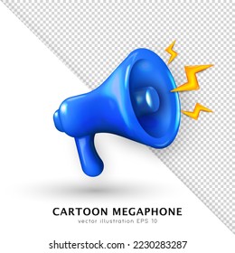 3D blue shouting megaphone isolated on white and transparent background. Three dimensional vector loud loudspeaker for announcement. Realistic portable bullhorn, loudhailer for advertisement