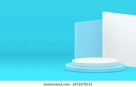 3d azul showroom cilindro podium pedestal para producto muestra Ilustración vectorial realista. Exhibición comercial blanca con la plataforma del soporte del fondo de la pared del ángulo para la venta de compras presentación