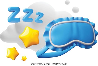 3D blue sleeping mask with yellow stars, ZZZ, and clouds. Time for sleep, rest, and relaxation. Eye mask. Children's poster. Vector illustration. Cartoon style. Isolated background. Rendered.
