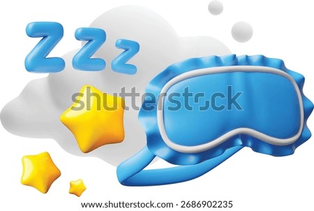 3D blue sleeping mask with yellow stars, ZZZ, and clouds. Time for sleep, rest, and relaxation. Eye mask. Children's poster. Vector illustration. Cartoon style. Isolated background. Rendered.