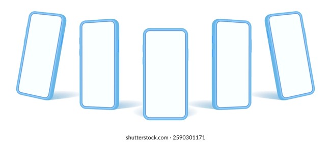3D Blue Smartphone Mockup Set: Front, Side, and Perspective Views on White Background. Vector.