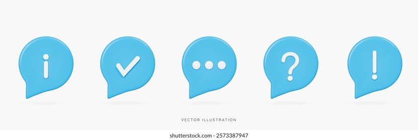 3D Blue speech bubble messages icon set with information, check, question and exclamation marks. FAQ and Help symbol. Social media chat. Cartoon design icons isolated on white. 3D Vector illustration