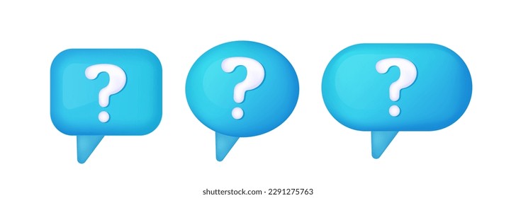 3d blue speech bubble questions, social media chat message icon. Set of bubbles in various shapes, dialogue balloon vector set.