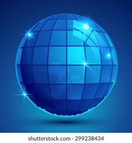 3d blue sphere with flashes, shiny dotted futuristic round structure.