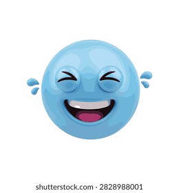 3D blue spherical emoticon laughing hysterically with closed squinting eyes and open mouth showing teeth and tongue, featuring blue teardrops of joy on a plain white background.