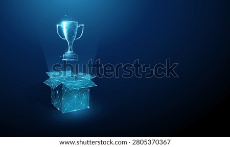 3D blue sport cup from the box. Victory, success delivery, championship prize, achievement reward, competition win, surprise gift, winner package, unboxing concept. Digital futuristic style. Vector.