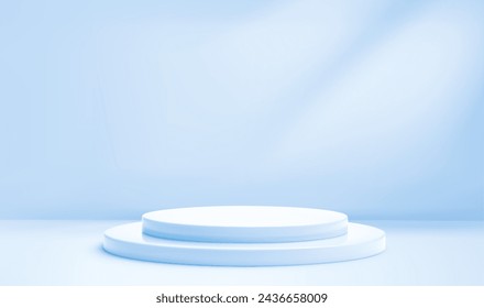 3d blue stage product podium on blue background. Studio scene display with platform step pedestal for sale template, presentation, mockup. Abstract realistic vector illustration.