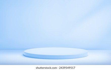 3d blue stage product podium on blue background. Studio scene display with platform round base pedestal for sale template, presentation, mockup. Abstract realistic vector illustration.