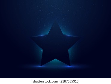 3D blue star award with glowing light on dark stage background and dust splashing. Vector illustration