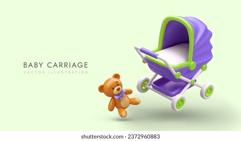 3D blue stroller, toy bear. Children accessories for boy. Advertising concept on green background. Cute banner with place for text. Template for online baby product store