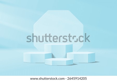 3D blue studio room with realistic 3d hexagon podium pedestal and octagon shape backdrop. Light shining to stage make product focused. Minimal scene for product display presentation. Promotion stage.