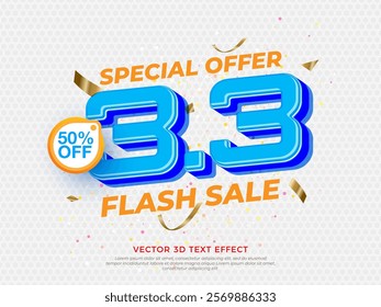 3D blue style editable text effect on abstract background, March 3.3 sale vector graphic style