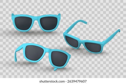 3D Blue Sunglasses in Different Angles with Black Lenses on Transparent Background, Perfect for Summer, Fashion, or Accessories Design Projects. Vector Illustration.