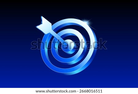 3D blue target with arrow hitting the bullseye, symbolizing success, precision, accuracy, and achievement on a dark gradient background. 3d bullseye target with dart icon in vector illustration