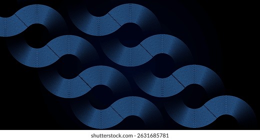 Capa de traslape de fondo abstracto techno azul 3D en el espacio oscuro con decoración de forma de rayas circulares. Concepto moderno del estilo del futuro del elemento de Diseño gráfico para el Anuncio, o cubierta del folleto