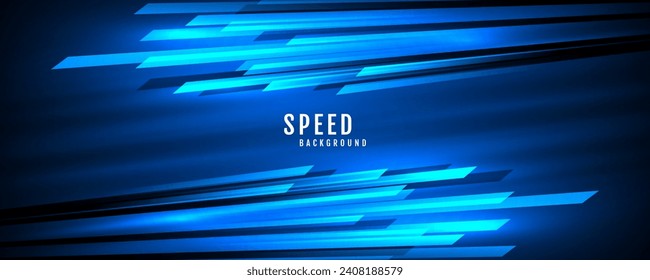 Fondo geométrico tecno 3D azul en el espacio oscuro con líneas de resplandor en la decoración de efecto de movimiento. Diseño gráfico moderno concepto de estilo panorámico de alta velocidad para cubierta de pancarta, volante, tarjeta o folleto